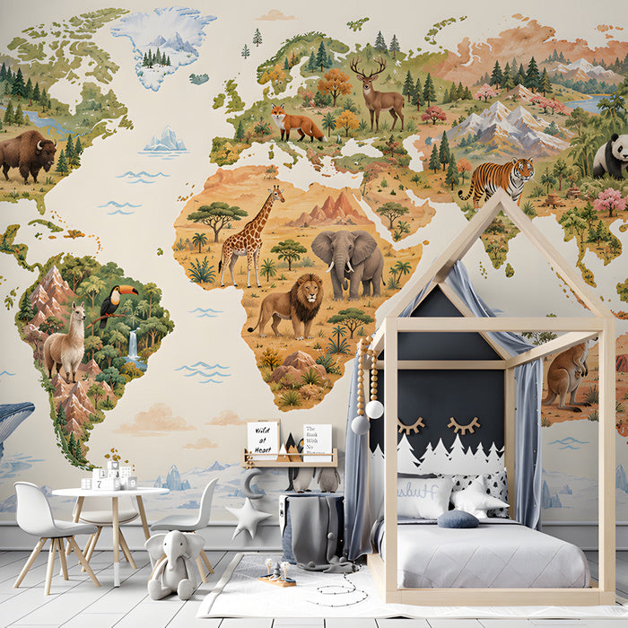 Educational mural wallpaper of a world map in a bright bedroom for kids