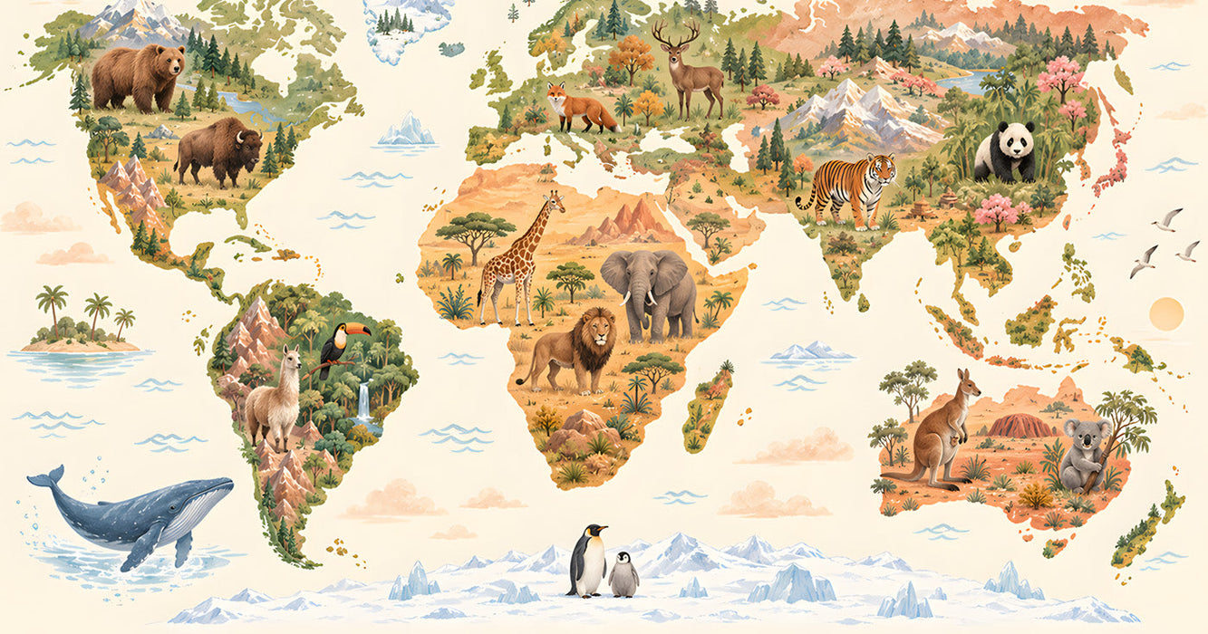 World map mural installed in a colorful child's bedroom with wooden toys