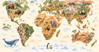 World map mural installed in a colorful child's bedroom with wooden toys