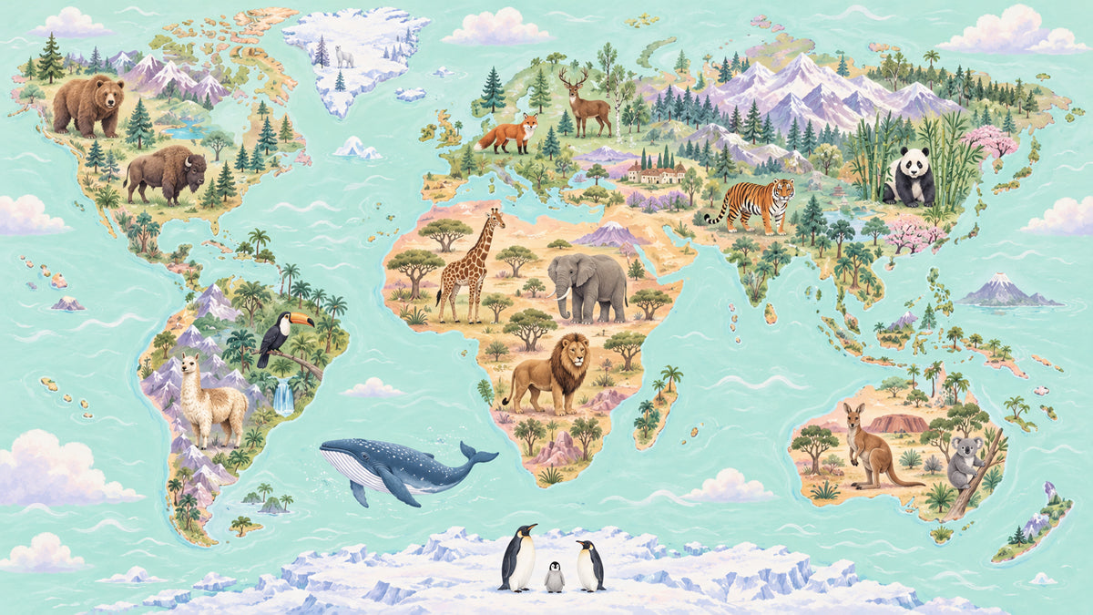 World map wallpaper with colorful animal illustrations on a mint green ocean background