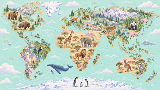 World map wallpaper with colorful animal illustrations on a mint green ocean background