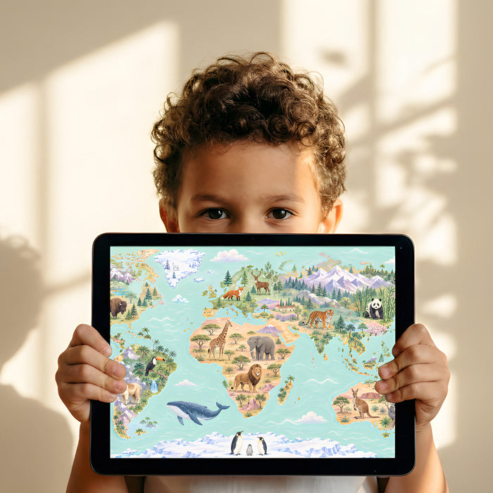 Playful animal map wallpaper feature wall in a child's playroom