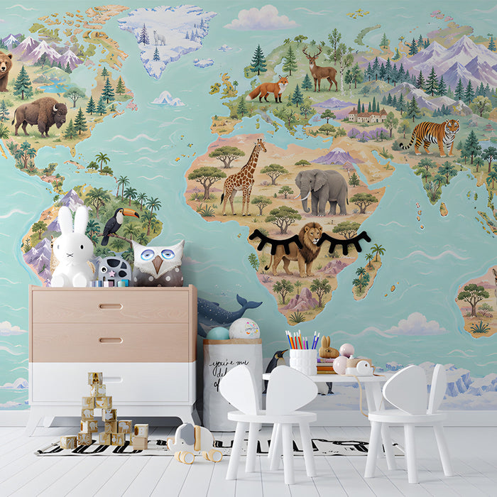 Educational world map mural design in a school study area