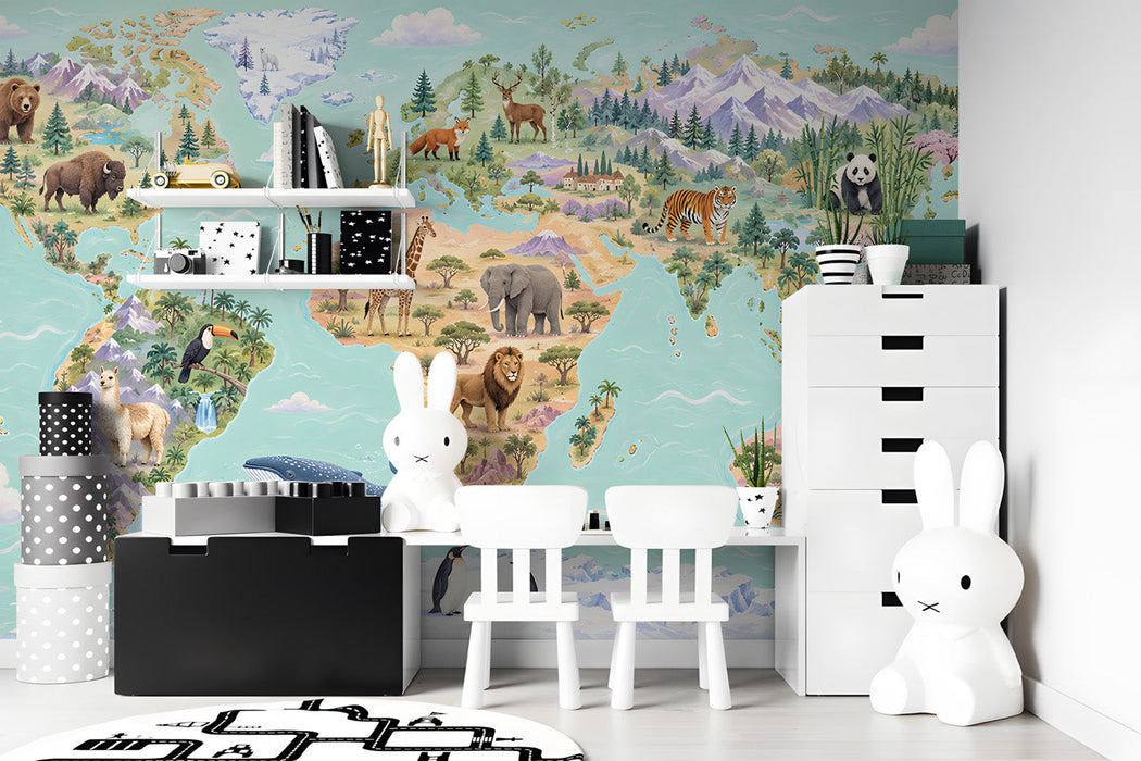 World map mural installed in a bright nursery with wooden furniture