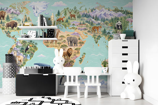 World map mural installed in a bright nursery with wooden furniture