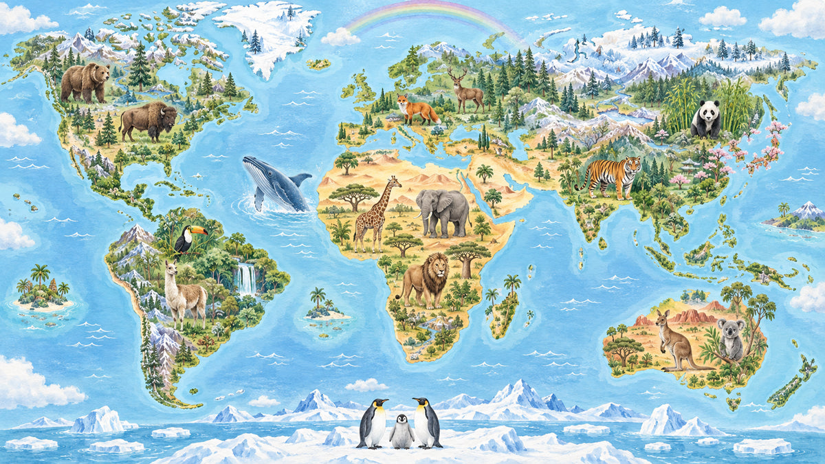 Illustrated world map wallpaper mural featuring global animals like tigers, bears, and penguins on a blue ocean background.