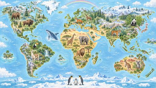 Illustrated world map wallpaper mural featuring global animals like tigers, bears, and penguins on a blue ocean background.