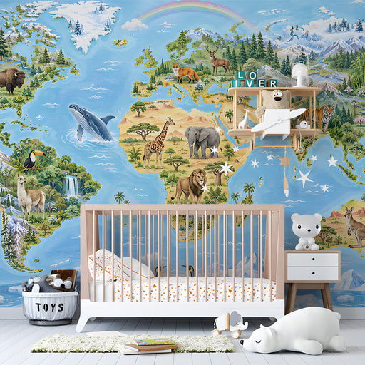 A cozy bedroom corner featuring an educational world map wall mural as a backdrop for a reading nook.