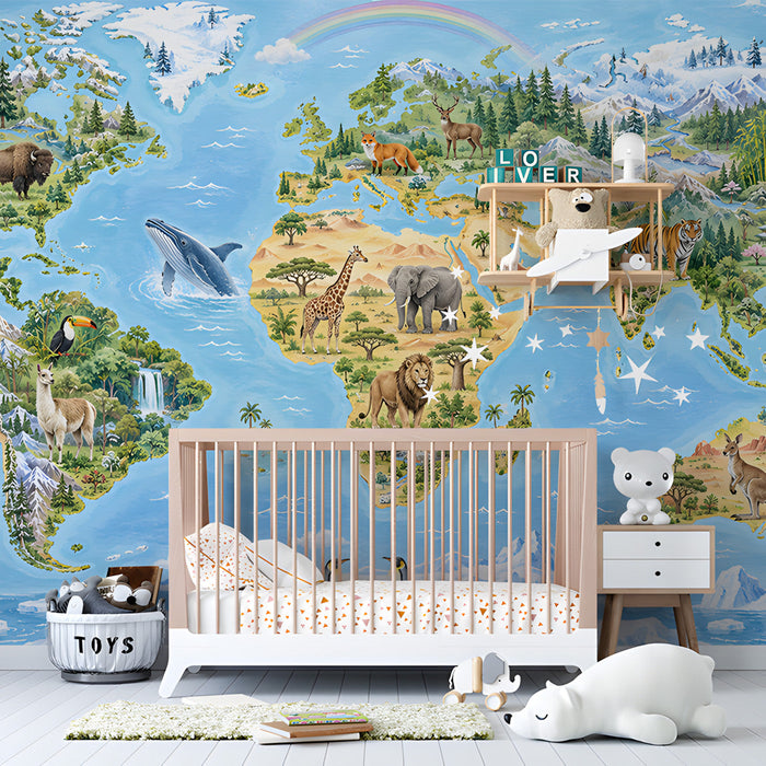 A cozy bedroom corner featuring an educational world map wall mural as a backdrop for a reading nook.