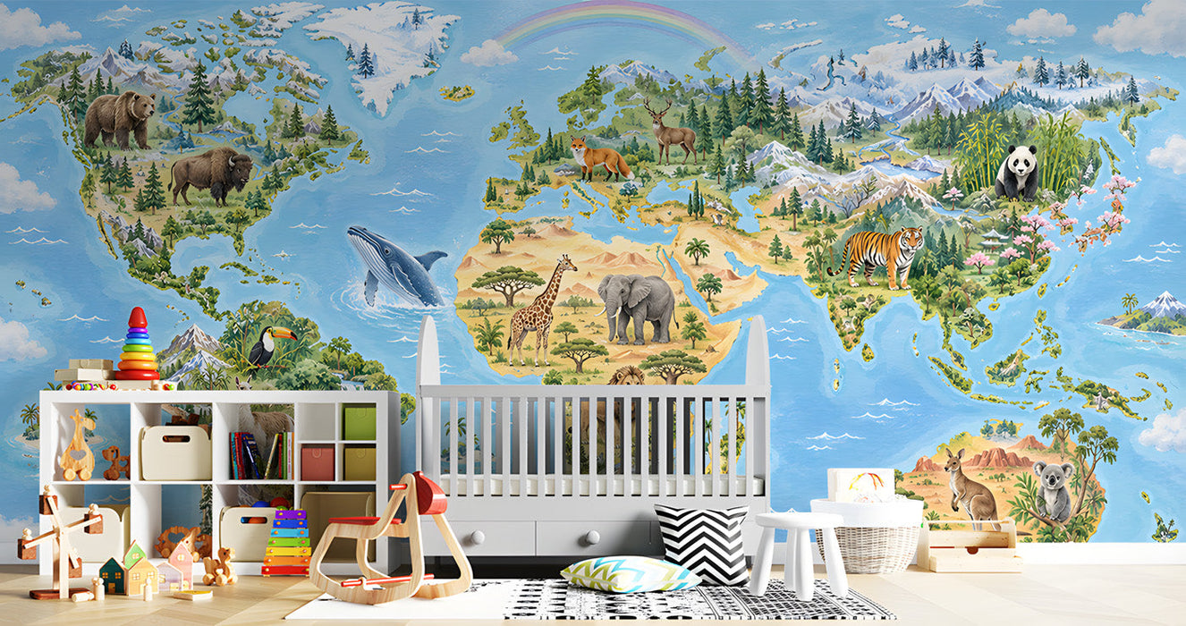 A bright nursery room wall featuring an illustrated world map wallpaper with animals, paired with a white wooden crib.