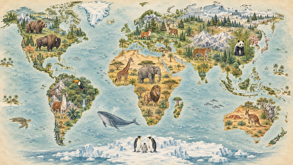 A vintage-style illustrated world map wallpaper with animals like tigers, pandas, and lions across their native continents.