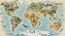 A vintage-style illustrated world map wallpaper with animals like tigers, pandas, and lions across their native continents.