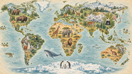 A vintage-style illustrated world map wallpaper with animals like tigers, pandas, and lions across their native continents.