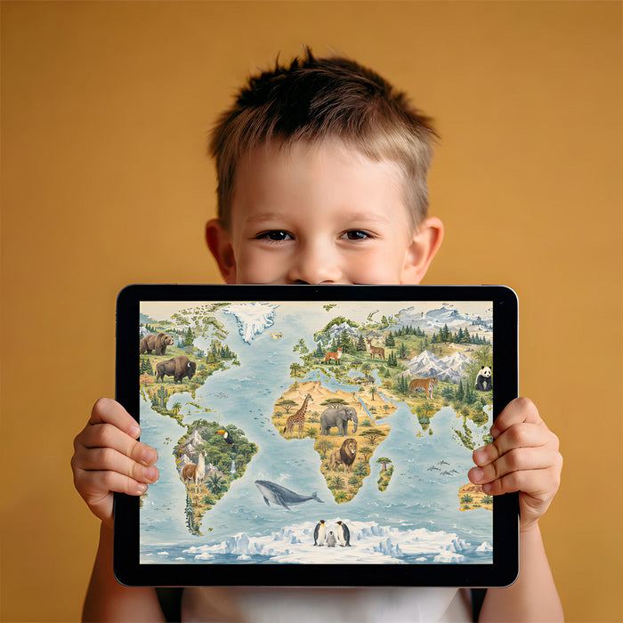 A cozy home office study room with an illustrated world map wall mural as a decorative, intellectual backdrop.