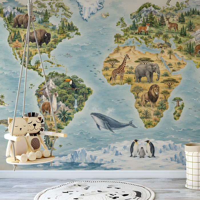 A playroom with a world map wall mural featuring wildlife illustrations in soft blue and earth tones.