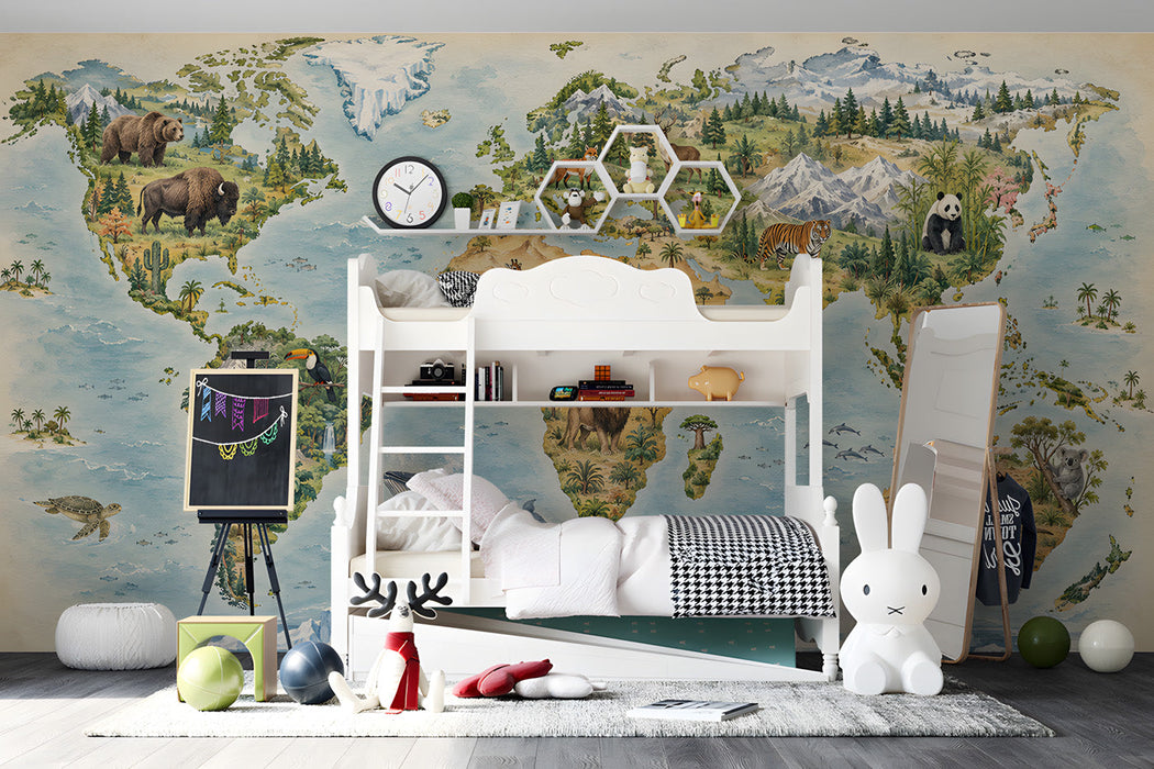 A nursery wall featuring a world map mural with animals creating a soft and adventurous atmosphere.