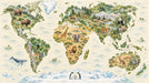 World map wallpaper with animals, mountains, and forests in watercolor style