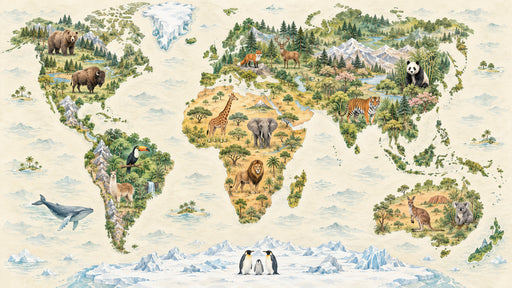 World map wallpaper with animals, mountains, and forests in watercolor style