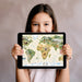 Detailed animal map wallpaper behind a desk in a home office study