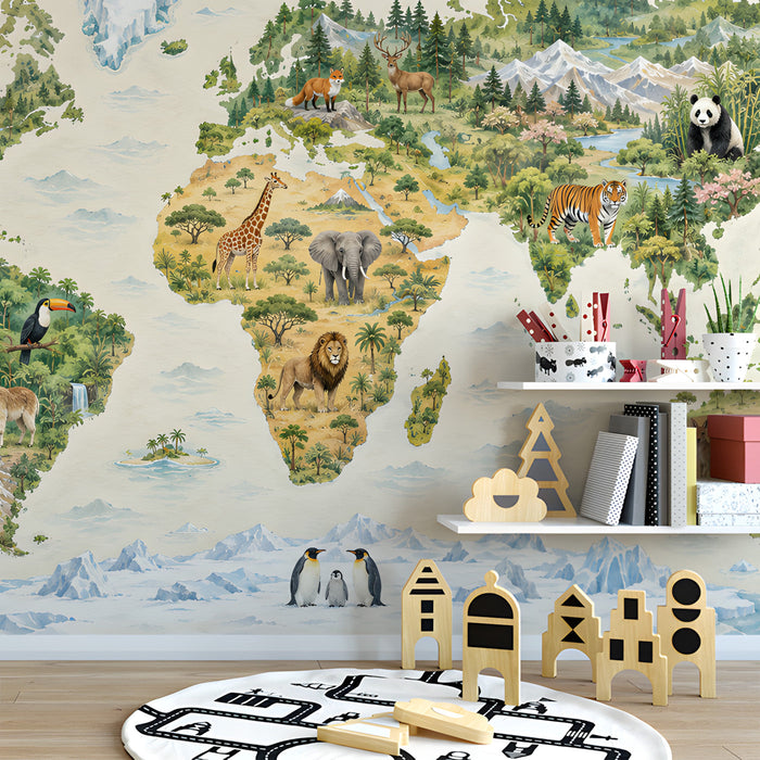 Global map wall decor in a bright nursery room with neutral furniture