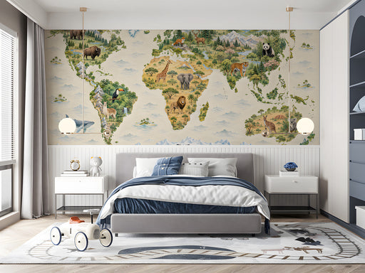 World map mural installed in a colorful kid bedroom with wooden toys