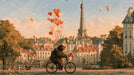 Oil painting style mural of a bear riding a bicycle with heart balloons in front of the Eiffel Tower in Paris.