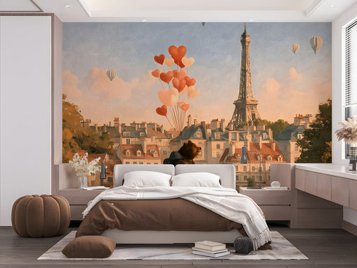 Whimsical Parisian bear wallpaper installed in a cozy nursery room with wooden crib and soft warm lighting.