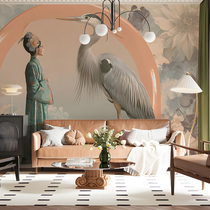 A mural of a heron and a woman installed on a living room wall behind a minimalist bed with soft peach bedding.
