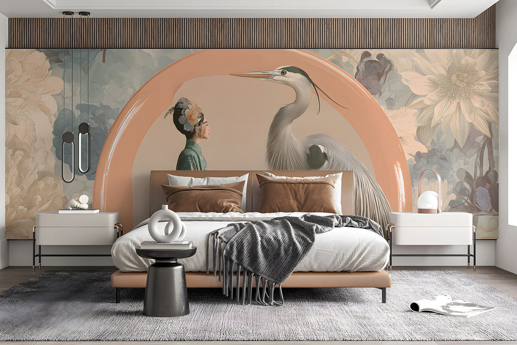 The crane and empress mural as a feature wall in a tranquil bedroom with mid-century modern wood desk and decor.