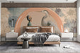 The crane and empress mural as a feature wall in a tranquil bedroom with mid-century modern wood desk and decor.