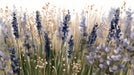 Painterly meadow mural featuring violet lavender stalks and sage green grasses against a soft white background.
