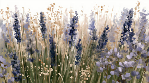 Painterly meadow mural featuring violet lavender stalks and sage green grasses against a soft white background.