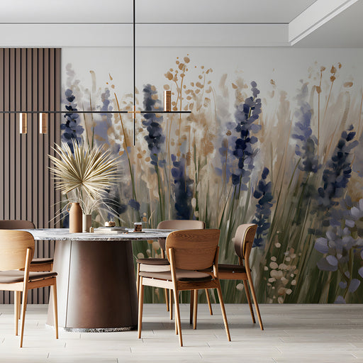 Impressionistic garden mural styling in a relaxing home library reading nook.