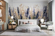 Lavender meadow wall mural installed in a serene bedroom behind a light wood headboard.