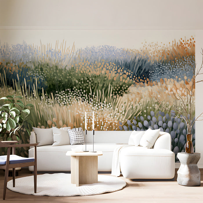 Artistic grass pattern wallpaper featured in a modern living room space
