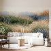 Artistic grass pattern wallpaper featured in a modern living room space