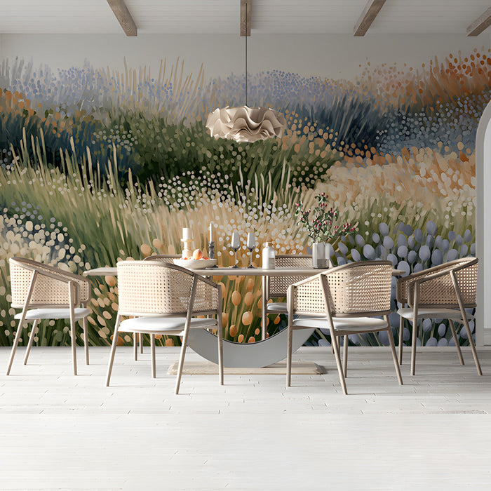 Painterly meadow wallpaper installed on a dining room wall behind a cream sofa