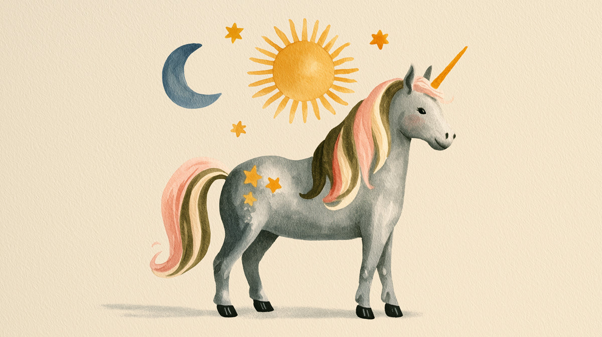 Watercolor illustration of a gray unicorn with pink and green mane surrounded by sun, moon, and golden stars