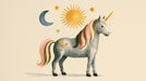Watercolor illustration of a gray unicorn with pink and green mane surrounded by sun, moon, and golden stars