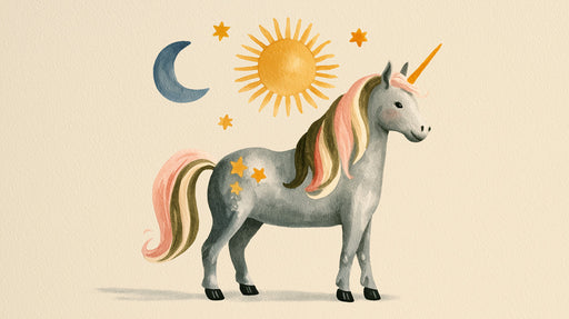 Watercolor illustration of a gray unicorn with pink and green mane surrounded by sun, moon, and golden stars