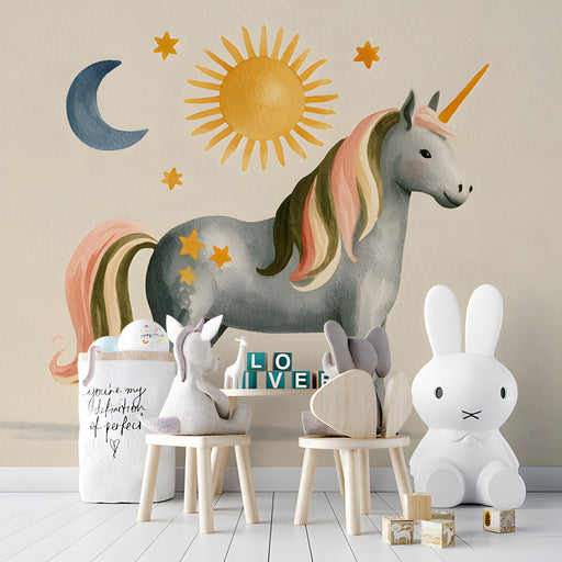 Themed wall art in a creative playroom featuring a mythical unicorn and celestial elements