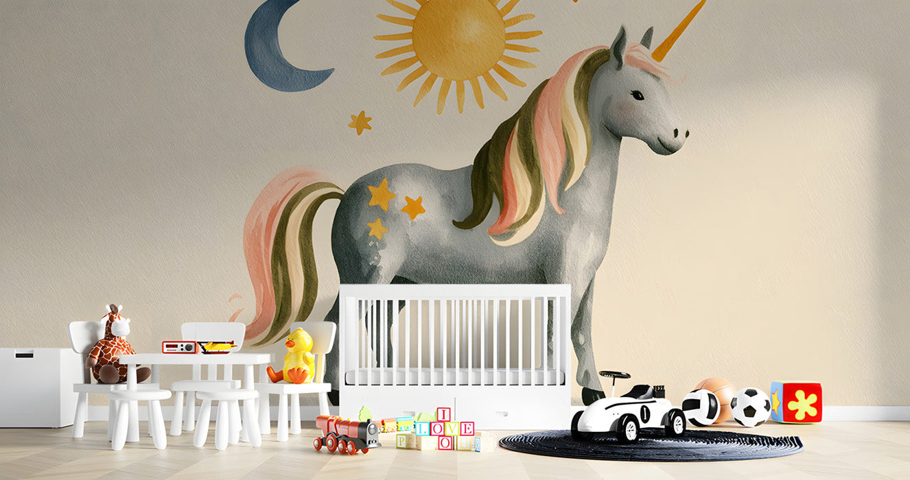 Whimsical unicorn wallpaper in a bright, modern nursery with wooden crib and soft textiles