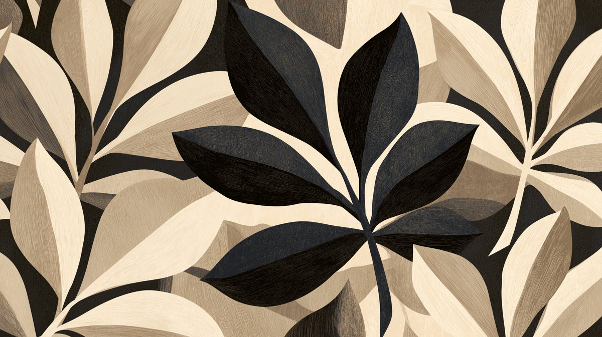 Graphic botanical wallpaper pattern with overlapping cream, taupe, and charcoal leaves