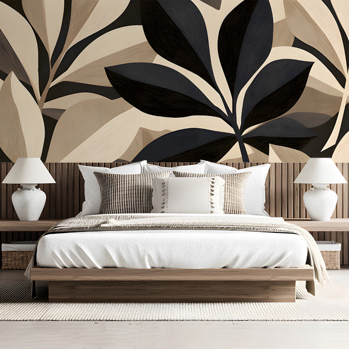 Minimalist bedroom interior with a high-contrast charcoal and cream leaf pattern wall
