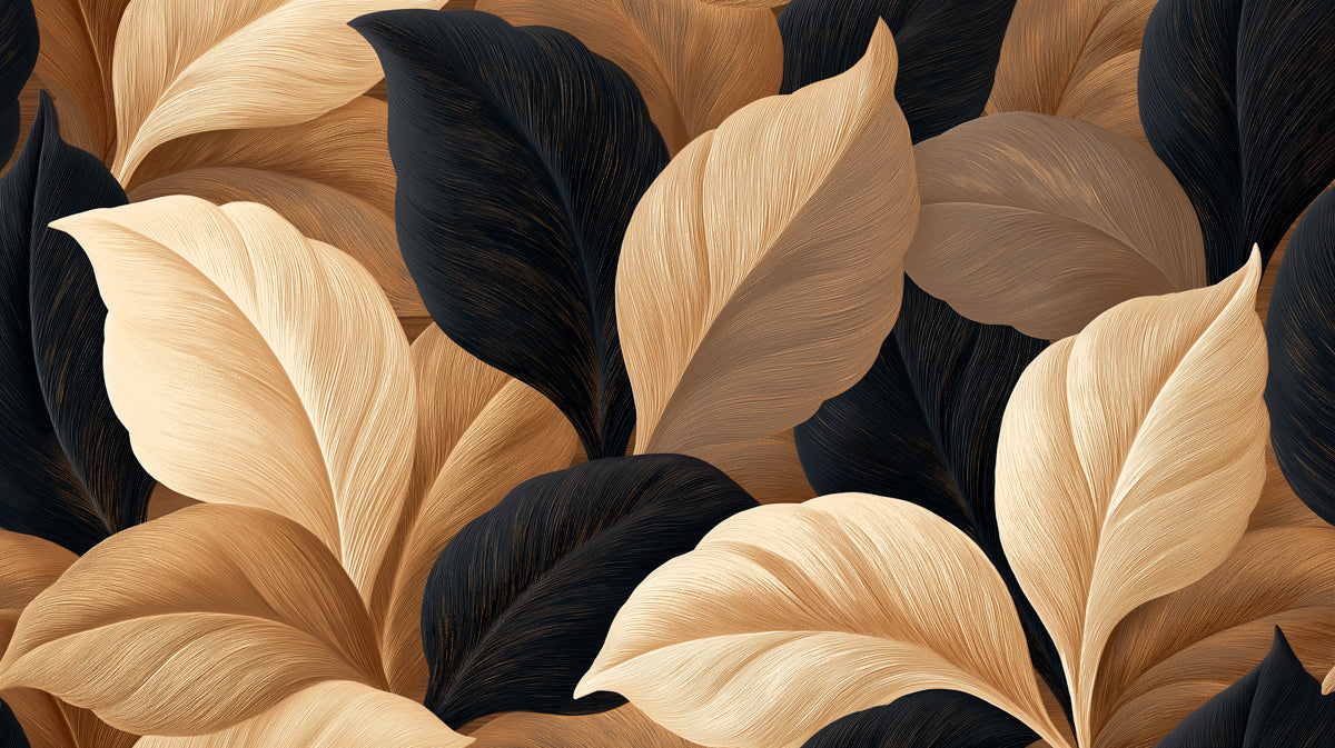Close up of an abstract leaf pattern with charcoal black and cream beige foliage and fine etched texture details.