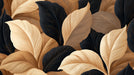 Close up of an abstract leaf pattern with charcoal black and cream beige foliage and fine etched texture details.