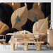 Home office interior with a sophisticated neutral leaf mural wallpaper providing a calm professional backdrop.