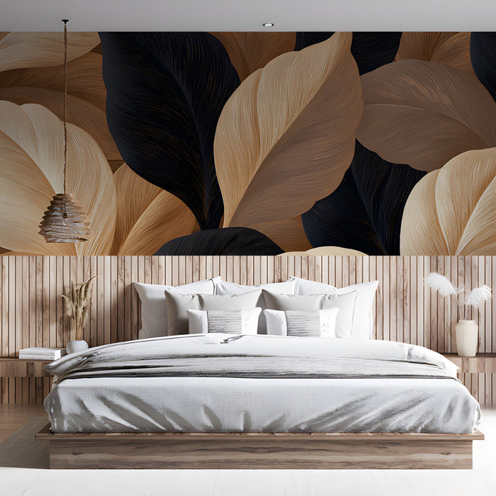 Modern bedroom featuring a leaf patterned feature wall in neutral charcoal and cream tones.
