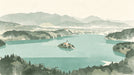 A panoramic watercolor mural of Lake Bled with a central island church, painted in soft sage green, teal, and muted off-white tones.