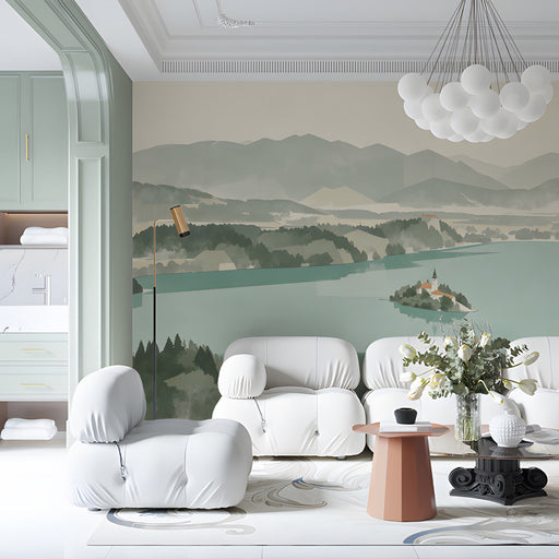 The landscape mural installed in a bright living room, positioned behind a minimalist light oak desk.
